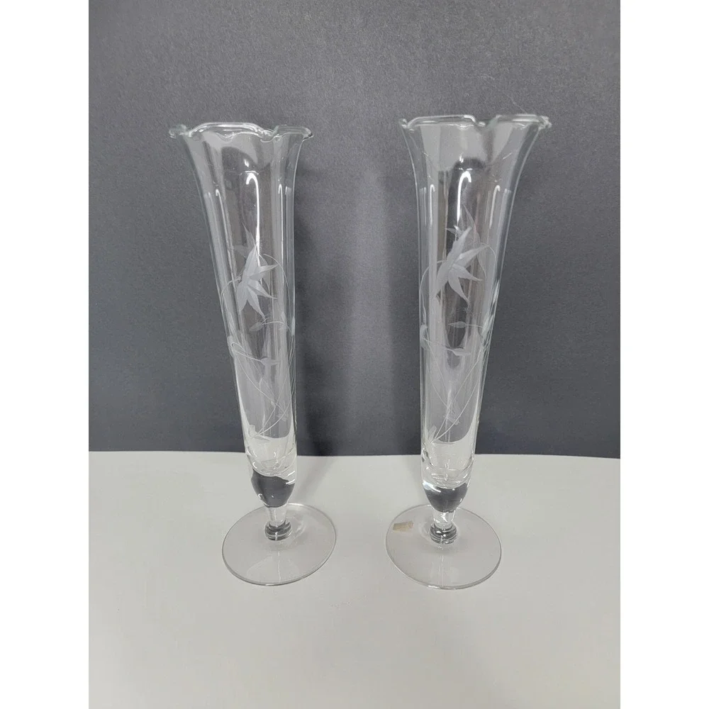 Vintage Etched Glass Bud Vases Pair Ruffled Rim Floral Trumpet Pedestal 10 Inch